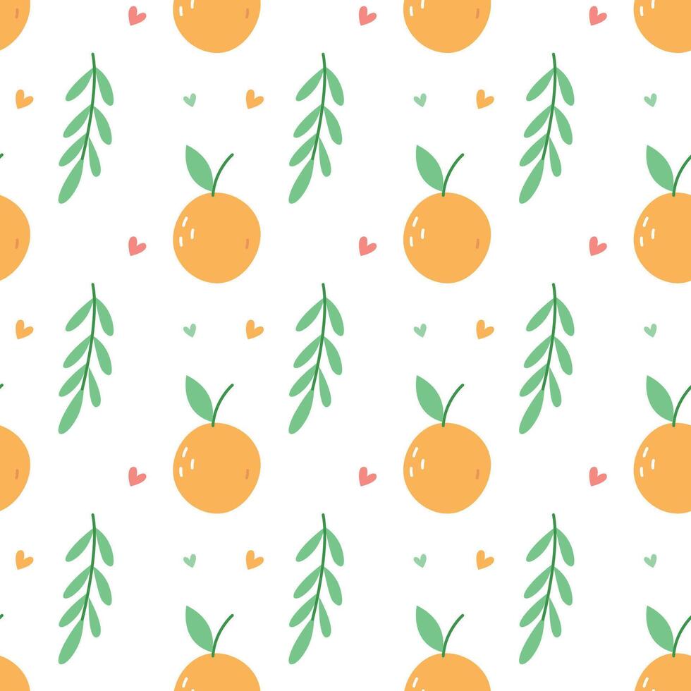 Cute Orange Fruit Seamless Pattern with Leaves and Hearts on White Background vector