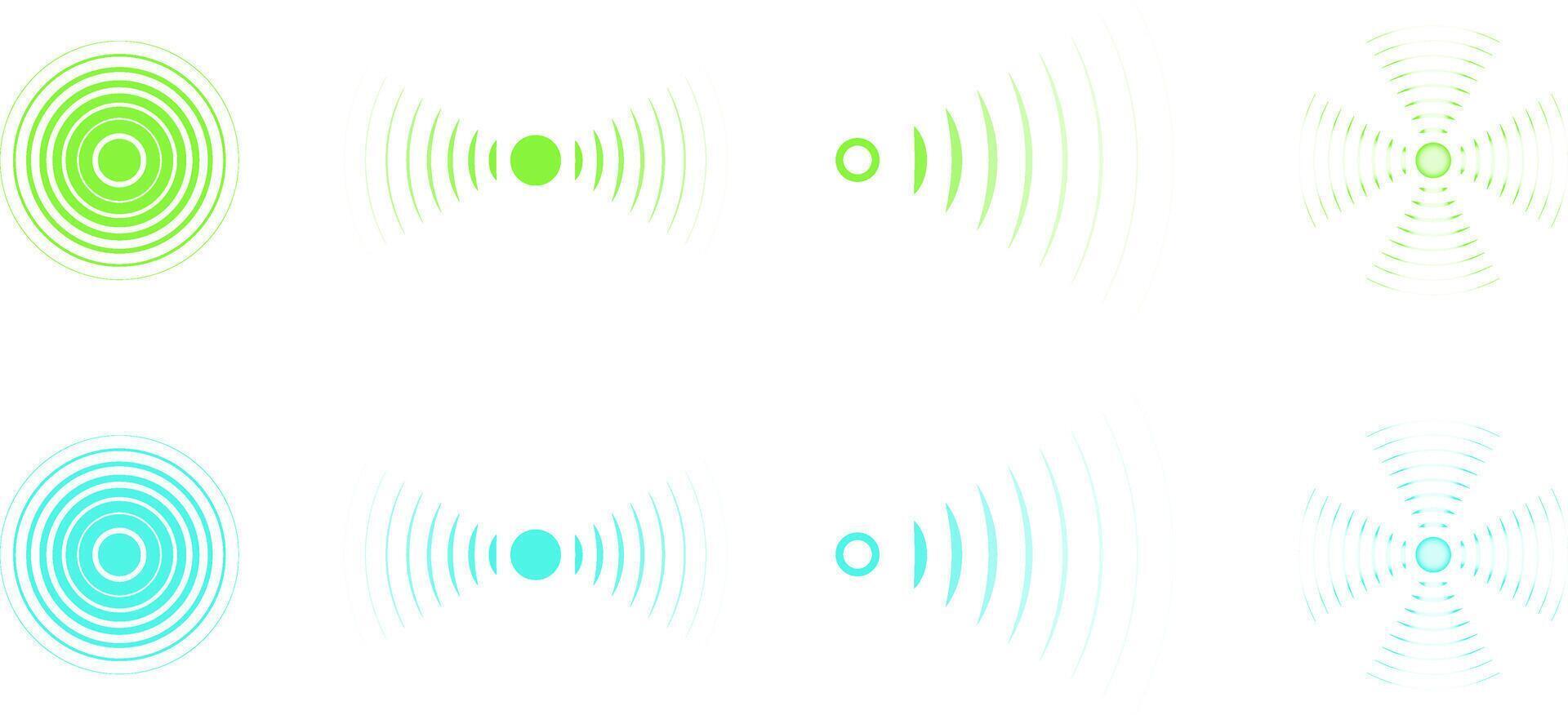 Set of radar icon in green and blue tones. Sonar sound waves icon. Signal concentric circles. Sonar wave and echo sounding symbol isolated on transparent background. vector