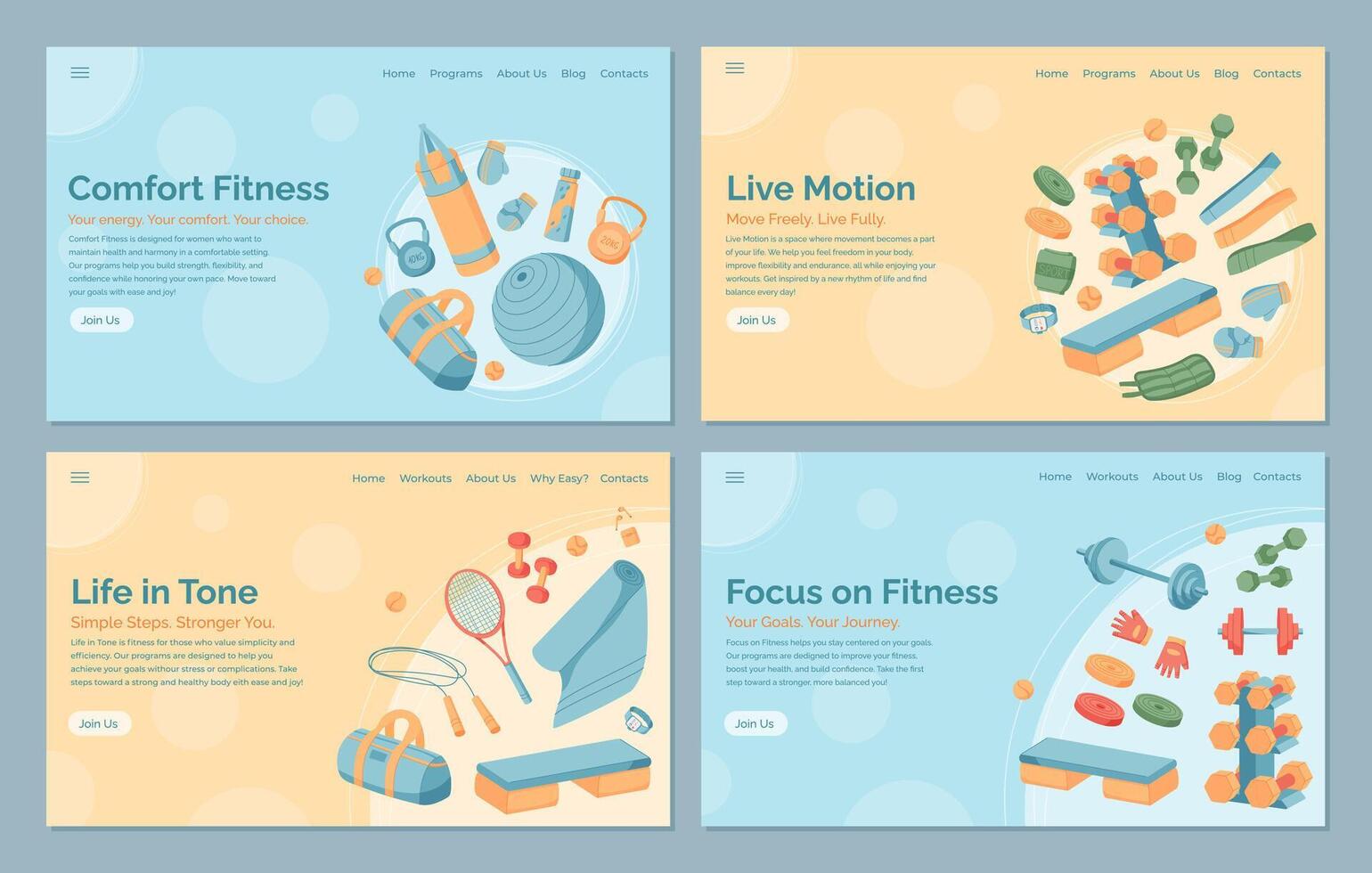 Colorful fitness banner design with gym and workout equipment set. Flat style set of health and exercise tools for training lifestyle templates. Perfect for sport backgrounds. vector