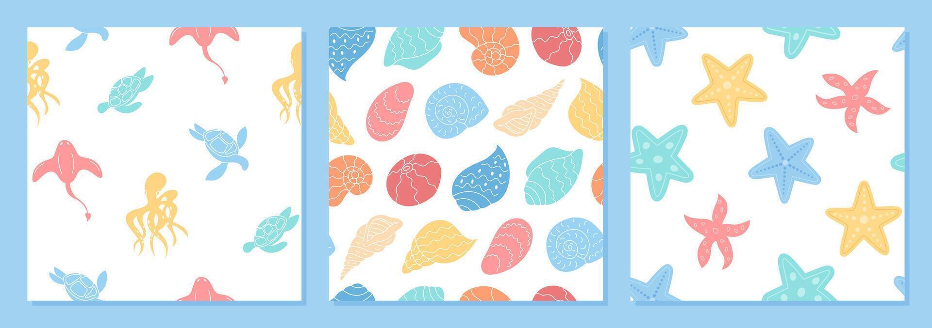 Underwater seamless pattern set in flat cartoon graphic style. Starfish, shells, and marine life form a playful aquatic theme. Ocean design with seamless texture, perfect for summer backgrounds or vector