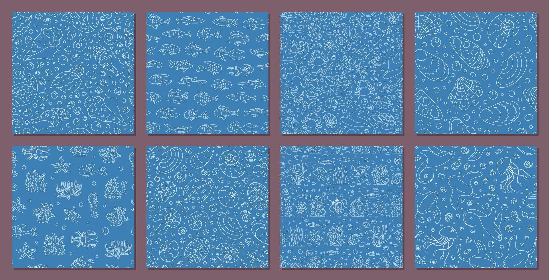 Seamless underwater pattern set with ocean and marine life in doodle outline style. Coral, shells, and aquatic shapes form a cartoon design. Perfect for ocean backgrounds creative projects. vector