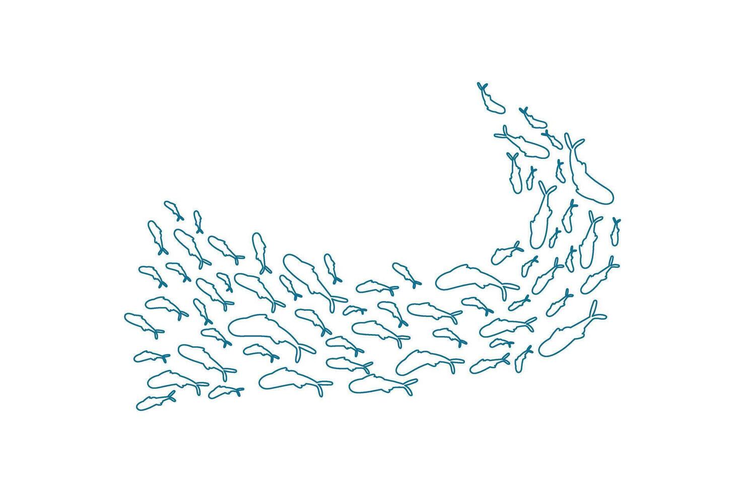 Aquatic fish school silhouette. Many fish swim together in an ocean pattern. Underwater marine life, outline and outline doodle style, perfect for summer designs. vector