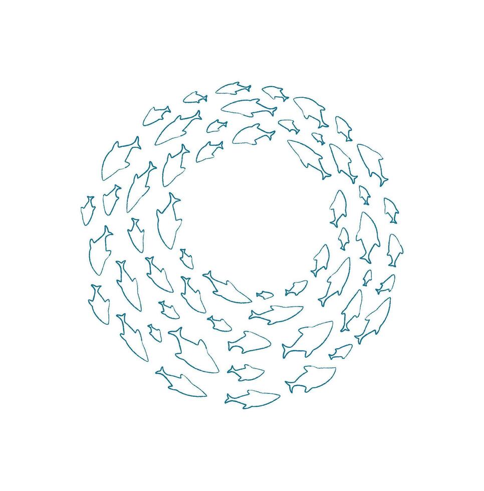Chalk fish school pattern. Silhouette of aquatic creatures in the ocean. Unique design of many fish shapes creates a captivating visual style, ideal for aquatic projects or illustrations. vector