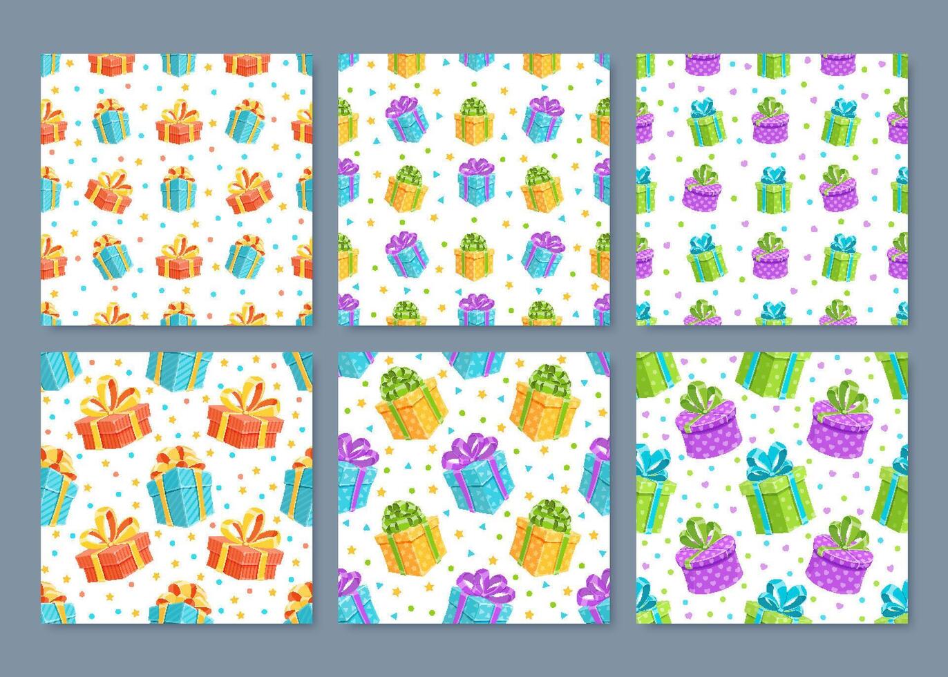 Cartoon gift box seamless pattern set. A cute collection of presents with ribbons and bows creates a fun birthday or holiday background. This lively design is perfect for party themes, surprise vector