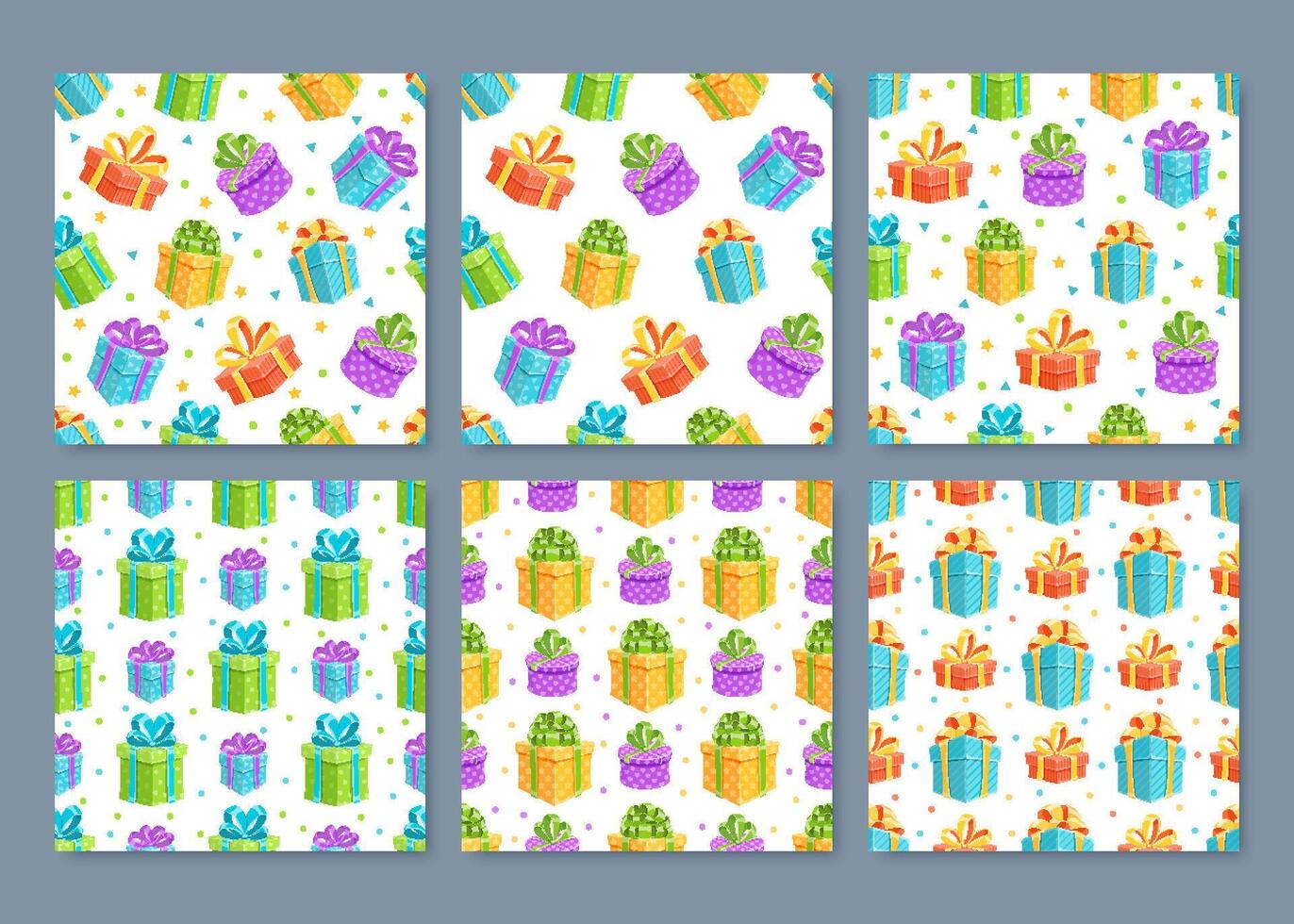 Cute and colorful cartoon gift box seamless pattern. Set of present backgrounds with ribbons, bows, and festive decor. Bright aesthetic for birthdays, lively celebrations, cheerful events. vector