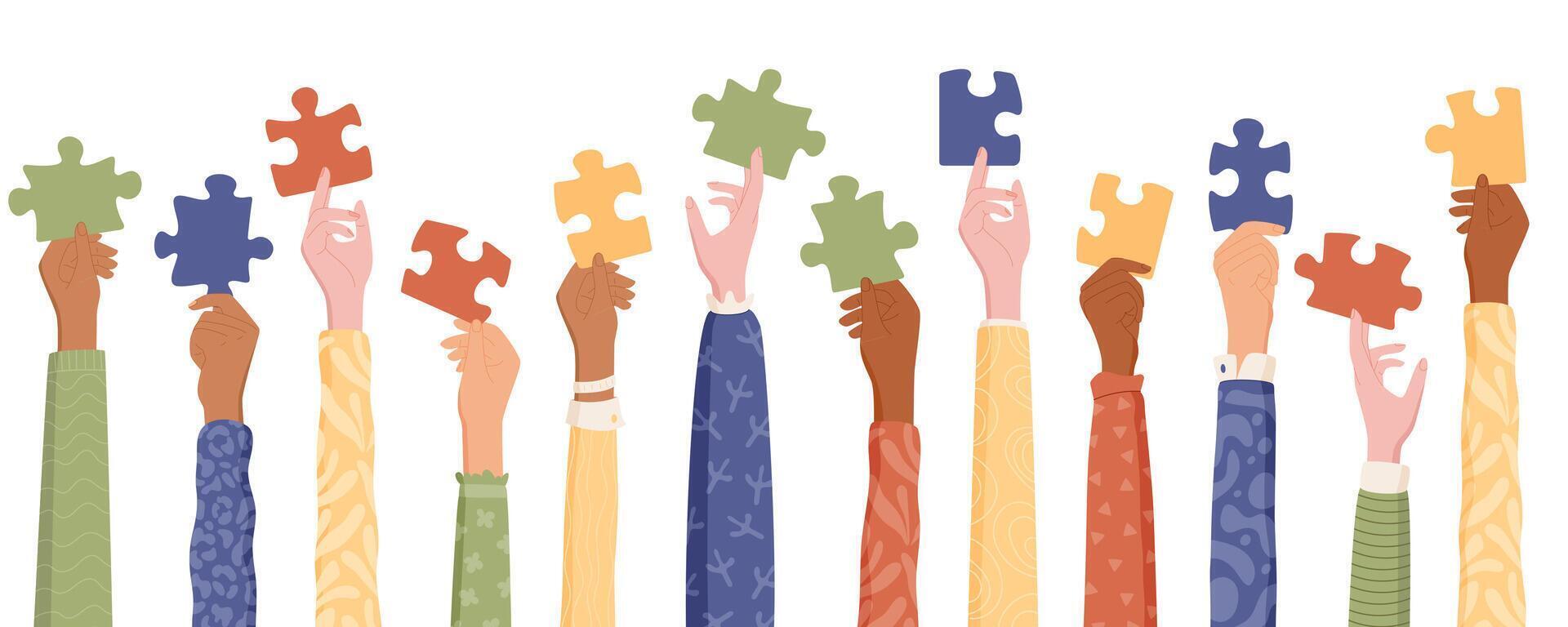 Multicultural hands hold jigsaw puzzle pieces. Diverse group work together for charity and teamwork. Volunteer concept with colorful raised hands, symbolizing aid and social unity. Flat style, vector