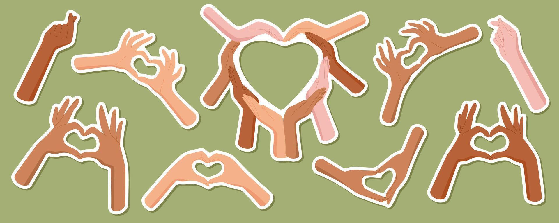 Colorful cartoon sticker set with diverse hand gestures forming heart shapes. Symbol of love, heart gesture, and friendship for k-pop themes or creative designs. Perfect for promoting cheerful, vector