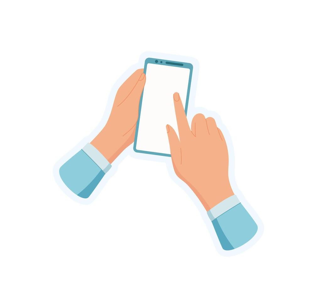 Sticker of hand holding phone. Illustration of a user interacting with a smartphone screen. Digital device engagement, touch technology, mobile application template usage. vector