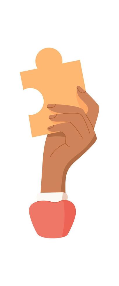 Hand holding a puzzle piece. Human character exchanges a puzzle item. Teamwork concept in cartoon graphic style, ideal for graphic use in presentations or educational materials. vector