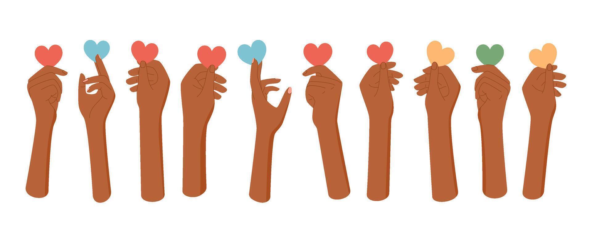 Set of diverse bare hands holding colorful heart symbols. Hands raise hearts, symbolizing love, charity, and community. Flat and vibrant style, ideal for multicultural support solidarity themes. vector