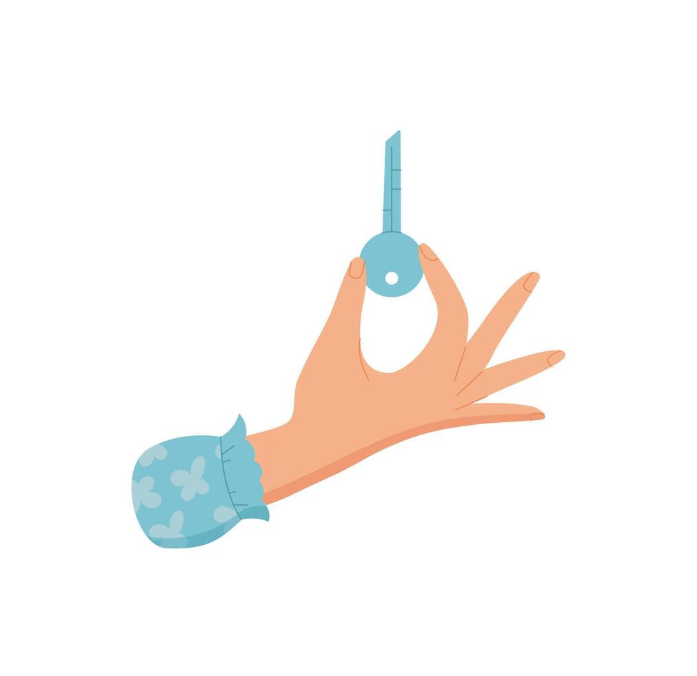 Hand holding key sticker. Female hand performs a gesture to transfer the key. Icon of exchange, cartoon graphic style, suitable for various applications in digital or print media. vector
