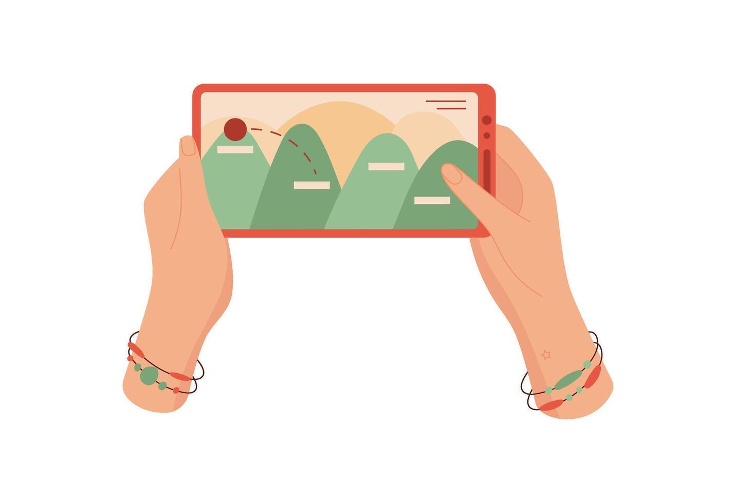 Mobile phone in hands. Hands gripping a smartphone screen with a gaming app open. User enjoys fun game experience on the touchscreen, cartoon graphic style, playful concept, ideal for social media vector