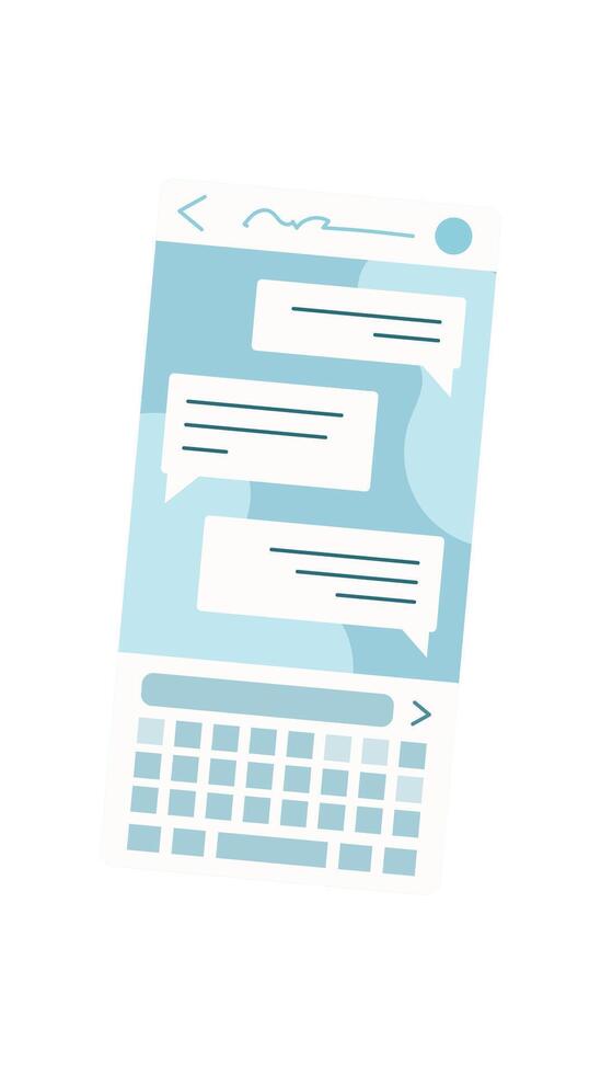 A smartphone screen displays a chat app interface. A user interacts with a messaging application on their phone. Digital communication between people featured in this social media context. Ideal for vector