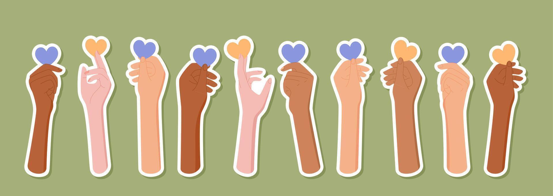 Flat colorful set of diverse bare hands hold heart shapes in unified gesture sticker. Multicultural arms with stickers symbolize hope and love across people. Background art inspires solidarity. vector