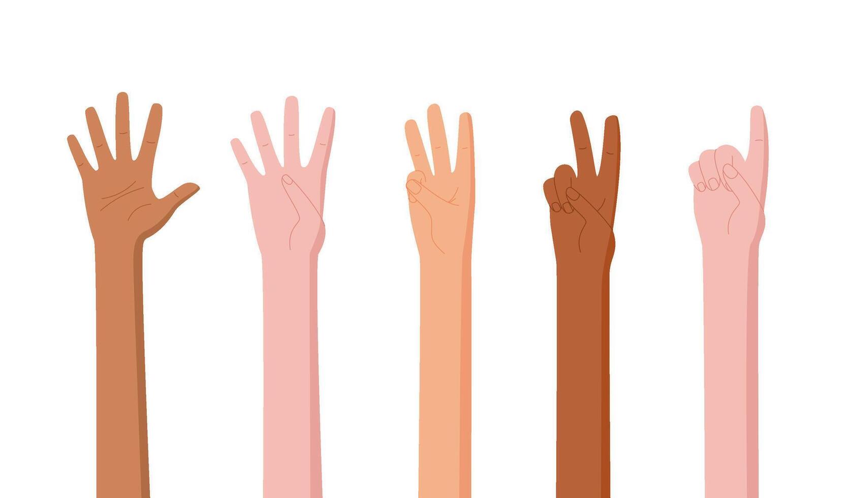 Cartoon hand count gestures display numbers in a flat style set. Various bare arms and fingers illustrate character actions. Palm and people icons form a playful set. Ideal for educational preschool vector