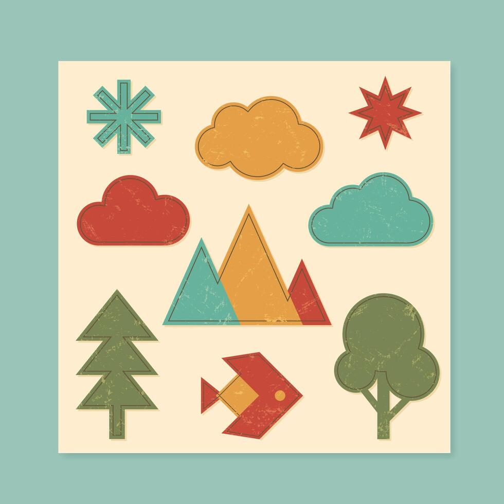 Grunge retro patch set with bold symbols like stars, clouds, triangles, fish, and trees in flat brutalism and y2k style. Perfect for funky decoration, vintage art, or playful creative projects. vector