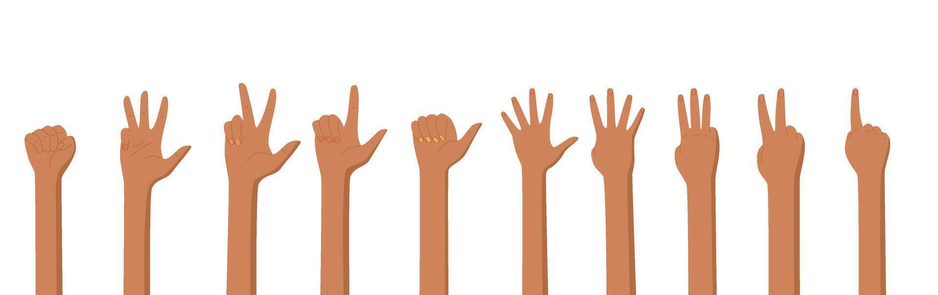 Flat cartoon hand set show diverse finger gestures. Illustration displays various bare palm positions and numbers. Ideal for classroom, math education, and playful learning environments. vector