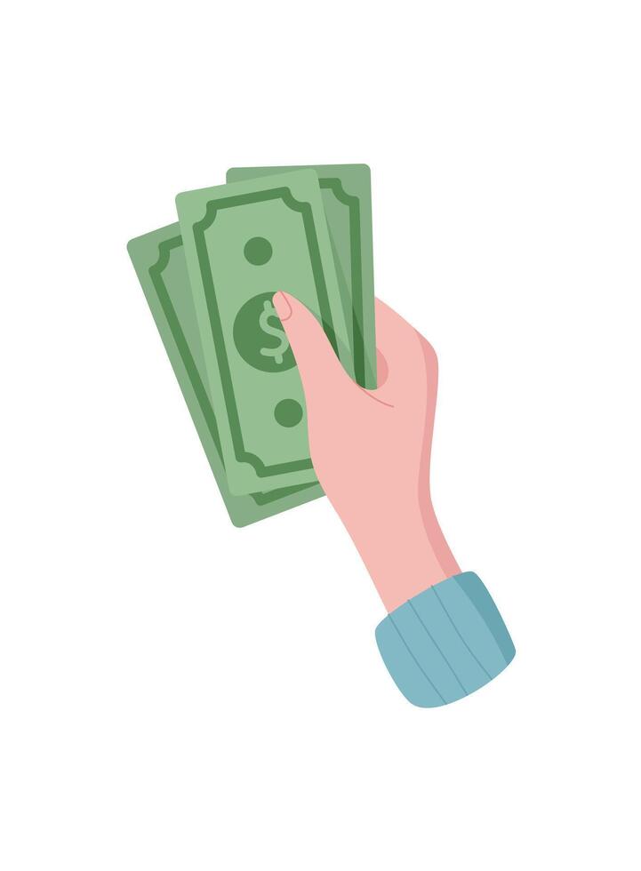 Hand holding cash sticker. Human gesture of payment with money. Finance concept, graphic style, suitable for economic themes or financial content. vector