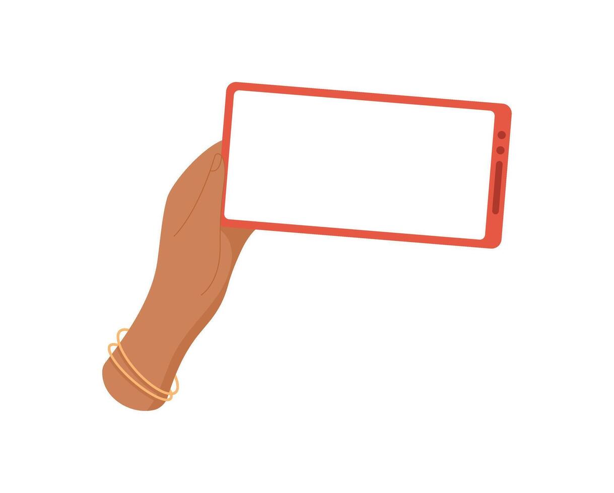 A hand holds a smartphone with a blank template screen. A user grips digital device displaying an empty interface. This cool mobile phone offers trendy context for media, flat visual style, and vector