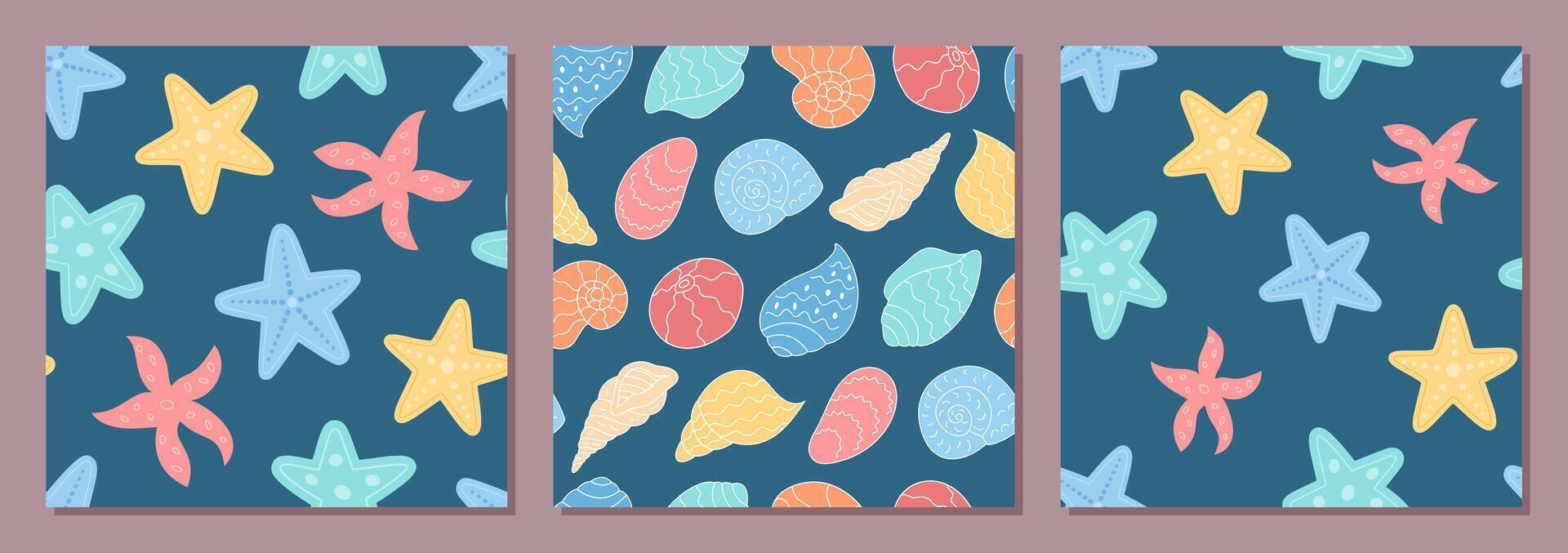 Seamless underwater pattern with marine style elements set. Aquatic background with cartoon starfish and seashells in a flat design. Perfect for summer sets and ocean visuals. vector