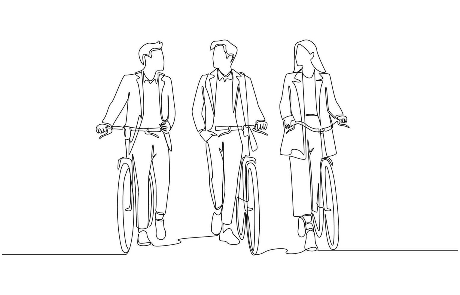 Continuous one line drawing of three colleagues having conversation while walking with bicycles, collaborative relationship and eco-friendly travel concept, single line art vector