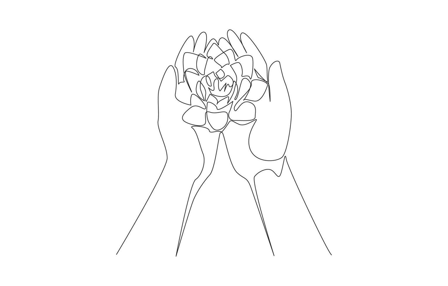 Continuous one line drawing of two hands holding blooming lotus, nurturing nature concept, single line art vector