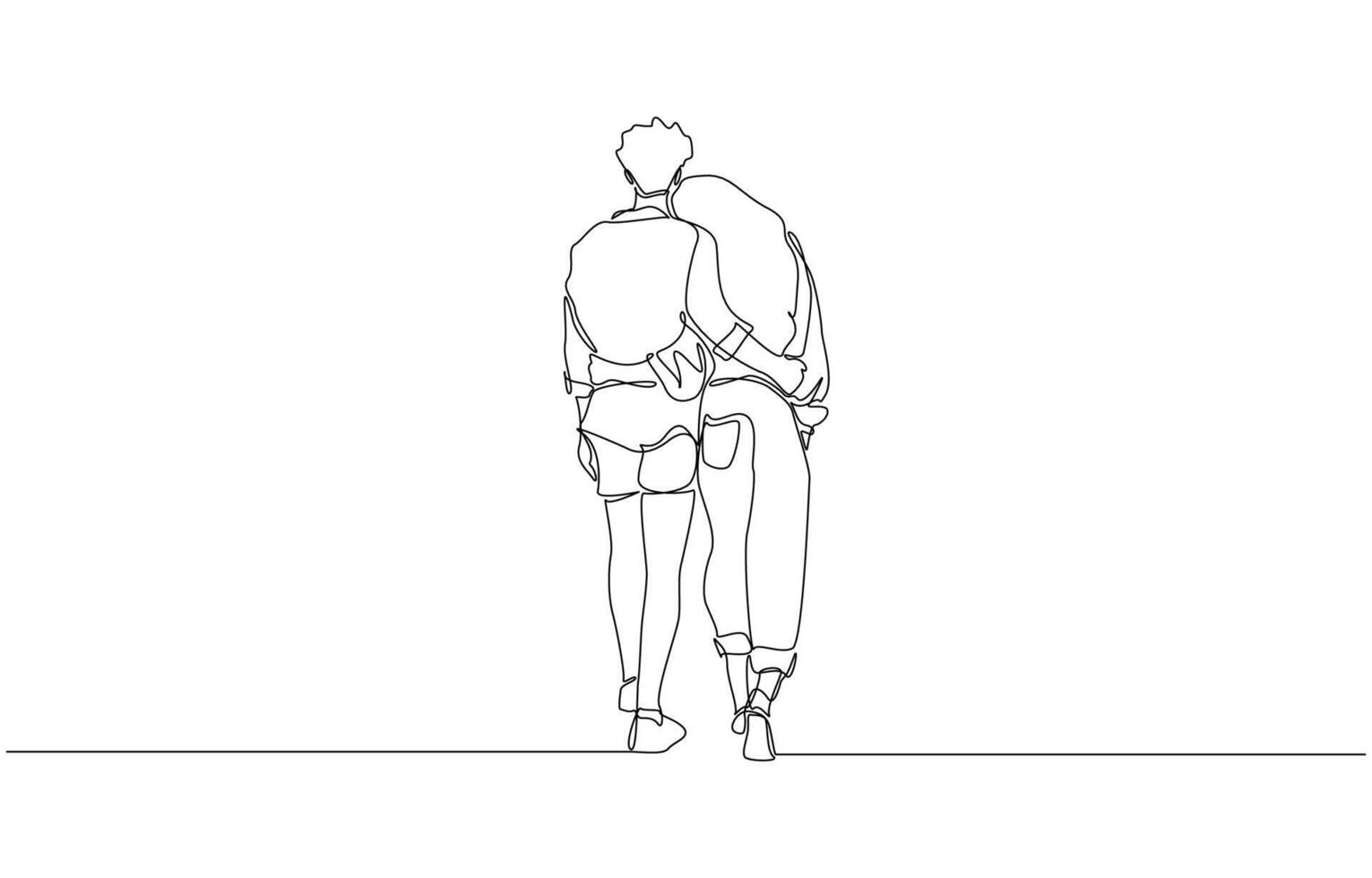 Continuous one line drawing of couple hugging while walking, romantic couple concept, single line art vector
