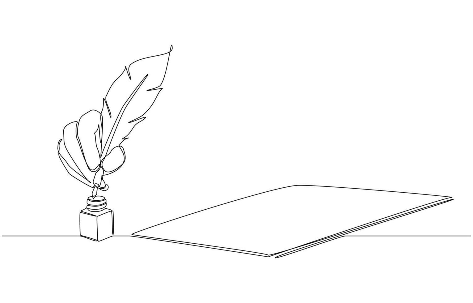 Continuous one line drawing of hand holding quill pen and dipping it into inkwell before preparing to write on paper, traditional writing concept, single line art vector