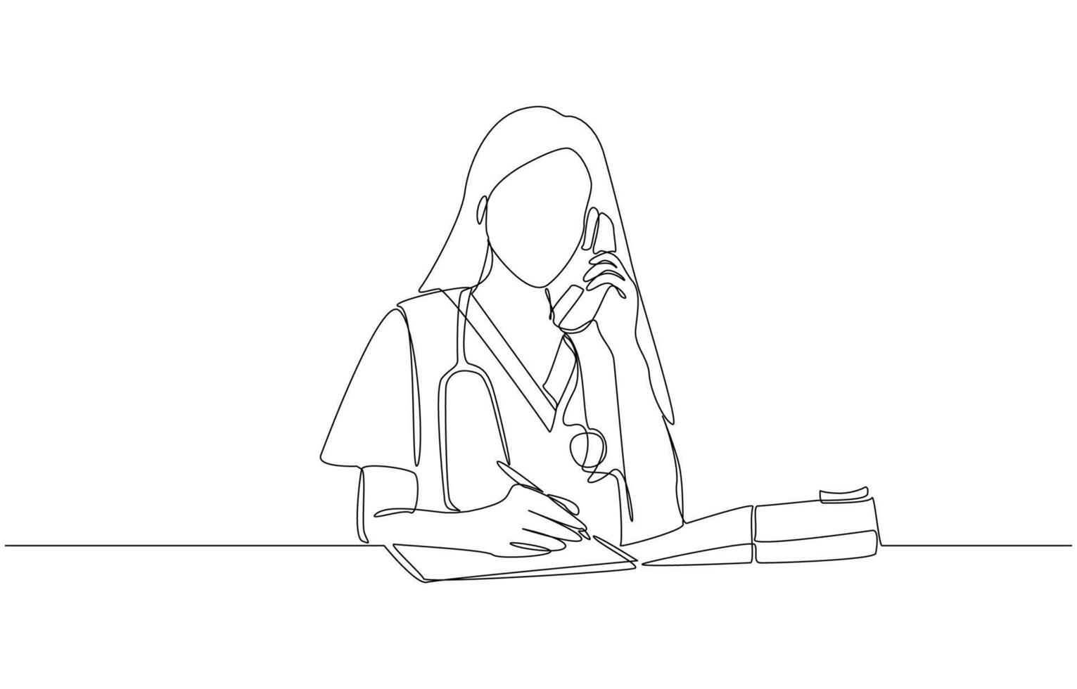 Continuous one line drawing of nurse answering phone call at reception desk, reception counter department in hospital concept, single line art vector
