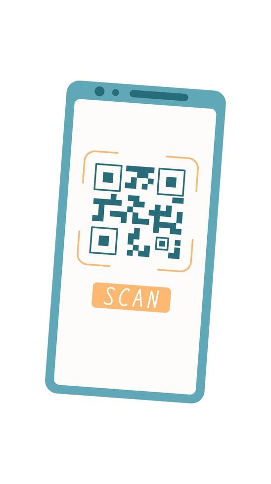 Mobile phone displays a QR code in a modern style. Smartphone shows scanning app that enables quick code interactions. User engages with technology through digital interface, enhancing online vector