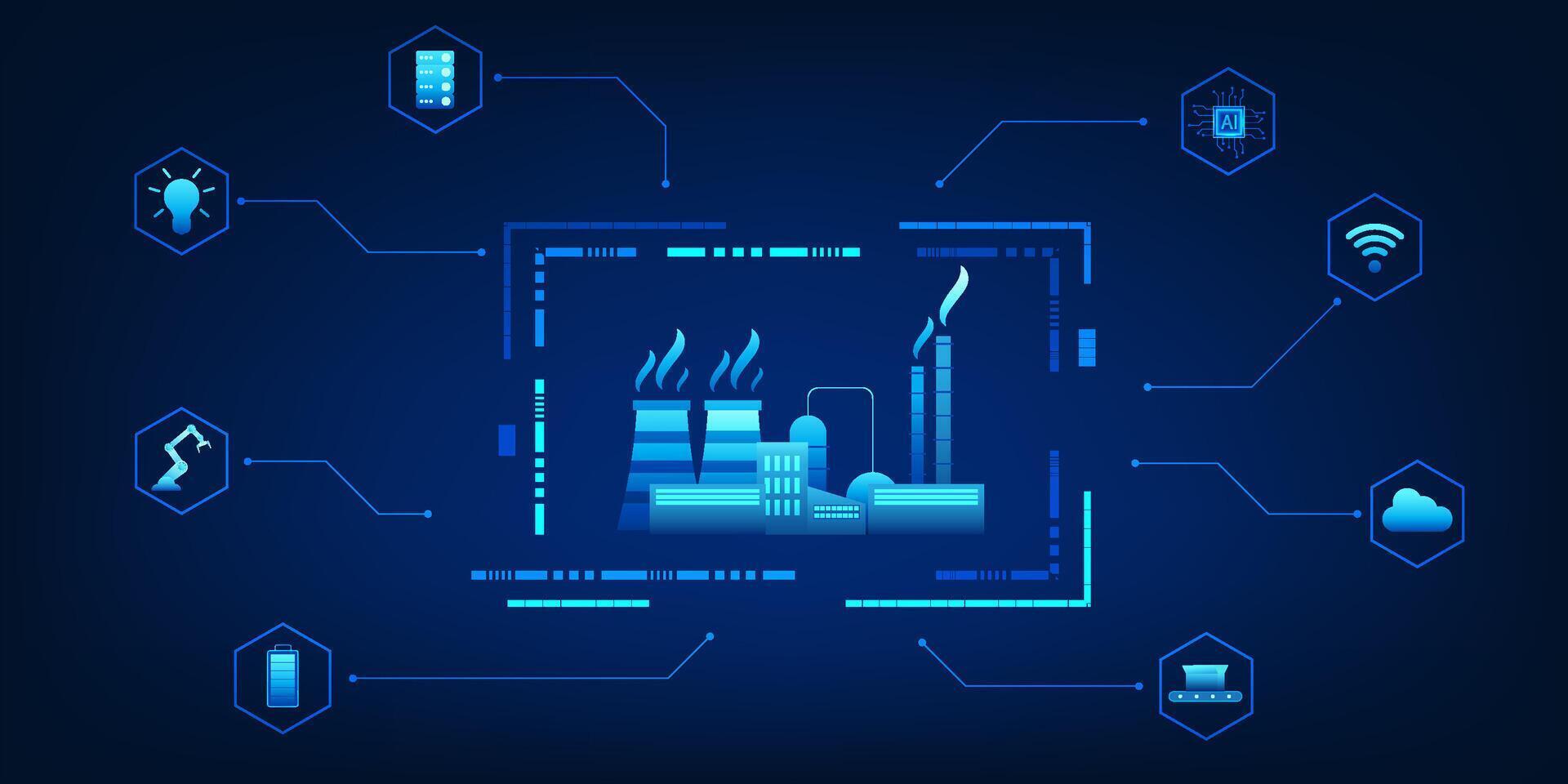 Industrial factories connected with various innovation icons represent the development of factories into smart forms that integrate modern technology to increase efficiency and respond market demands vector