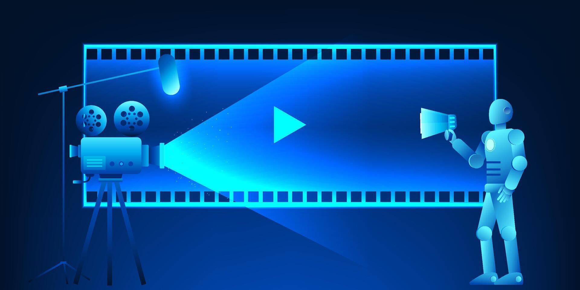 Camera is projecting a film, with a robot giving commands, suggesting the use AI to create videos through commands or text, demonstrating 's potential to automate and create media vector