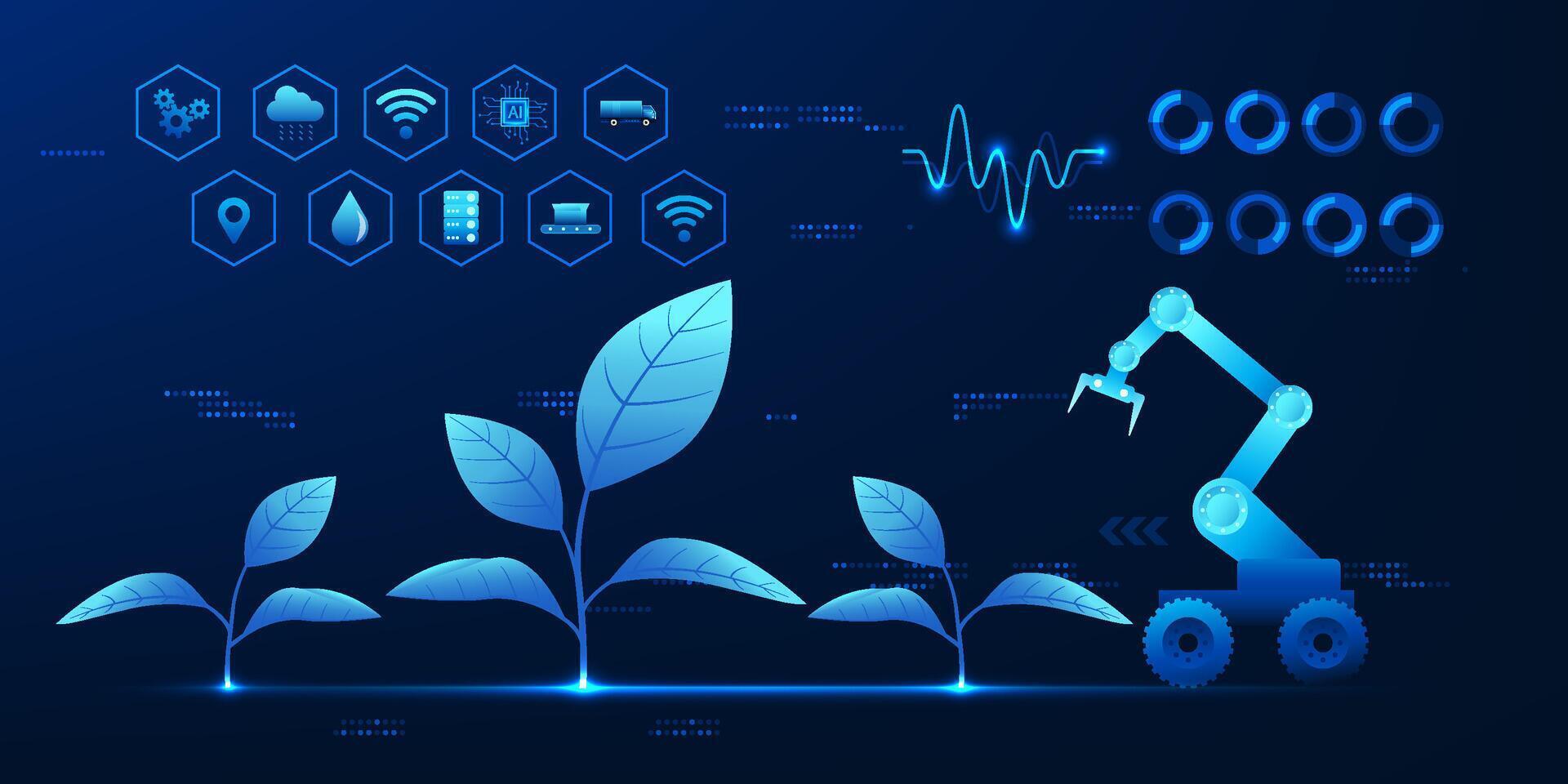 AI robot harvesting crops with technological elements, reflecting the use of artificial intelligence technology in agriculture to increase productivity, reduce labor, and analyze data for agriculture. vector