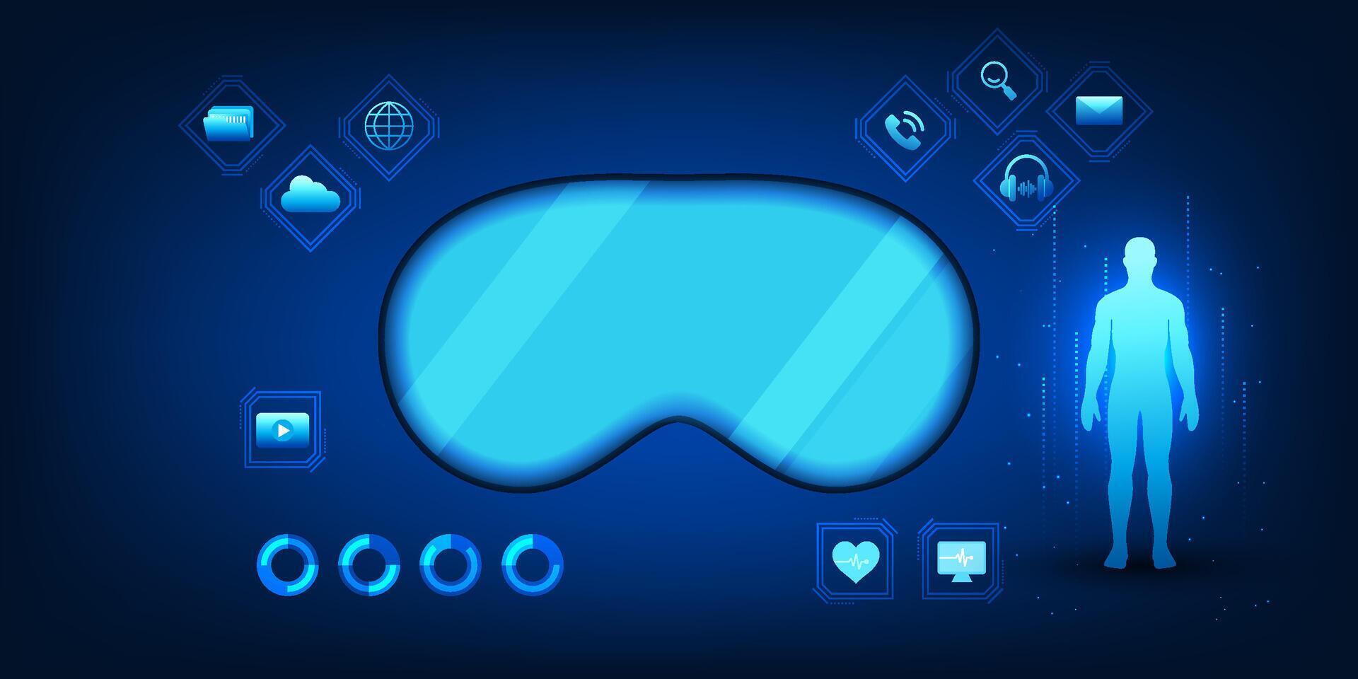VR and AR glasses displaying images of users, representing the operation of virtual reality systems that can create realistic interactive experiences with simulated worlds, suitable for training. vector