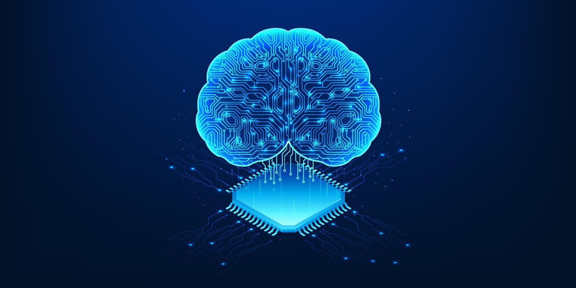 Microchip with an AI brain represents Agentic AI technology that has the ability to think, analyze and make decisions independently, similar to the human brain, but in a digital form. vector