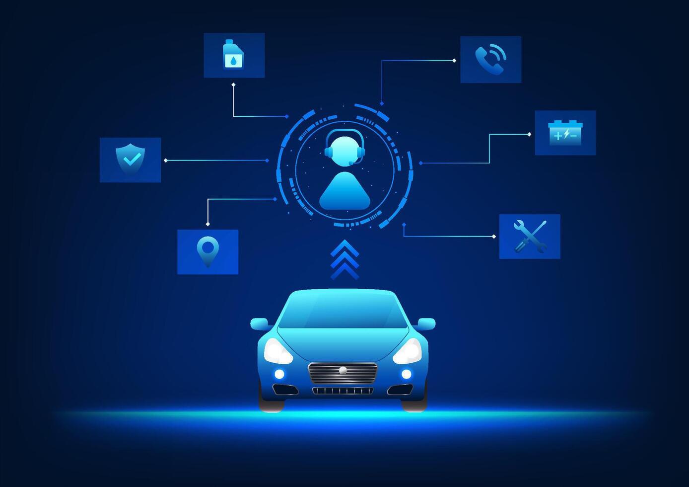 Service technology, the car linked to the service icon, conveys fast and modern communication, real-time customer service, accidents, insurance, and facilitates business connections. vector