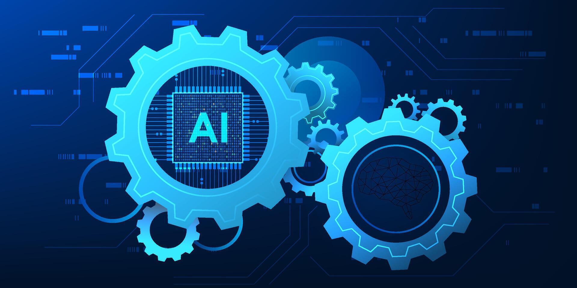 Agentic AI, a microchip and human brain connected to a gear, represents the collaboration between Agentic AI technology and humans, combining intelligence with intelligent mechanisms drive innovation vector