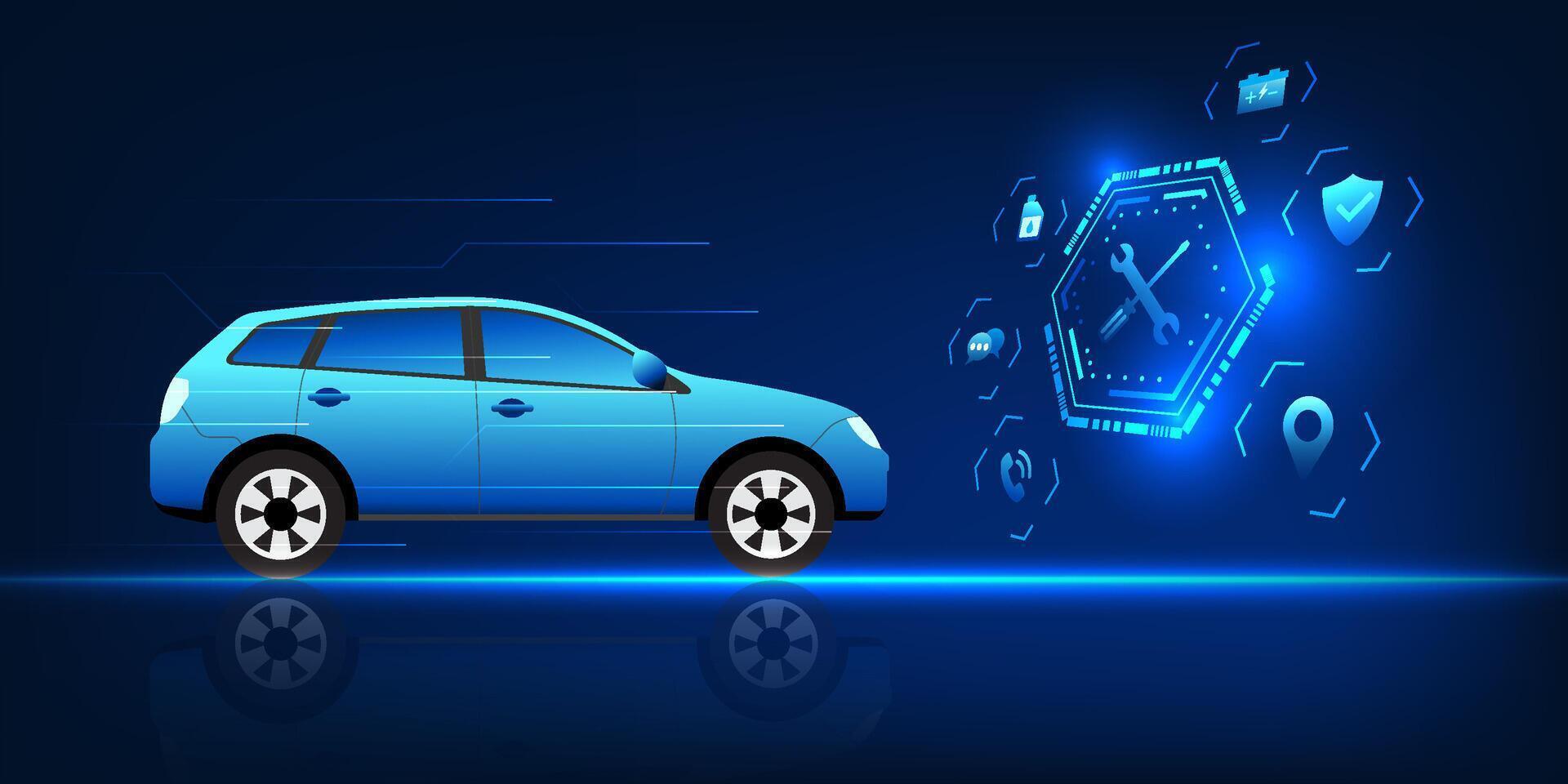 Service Technology The car in front is a service icon, car maintenance and repair, emergency insurance claims, for safety and extending the life of the car in the era of automotive technology. vector