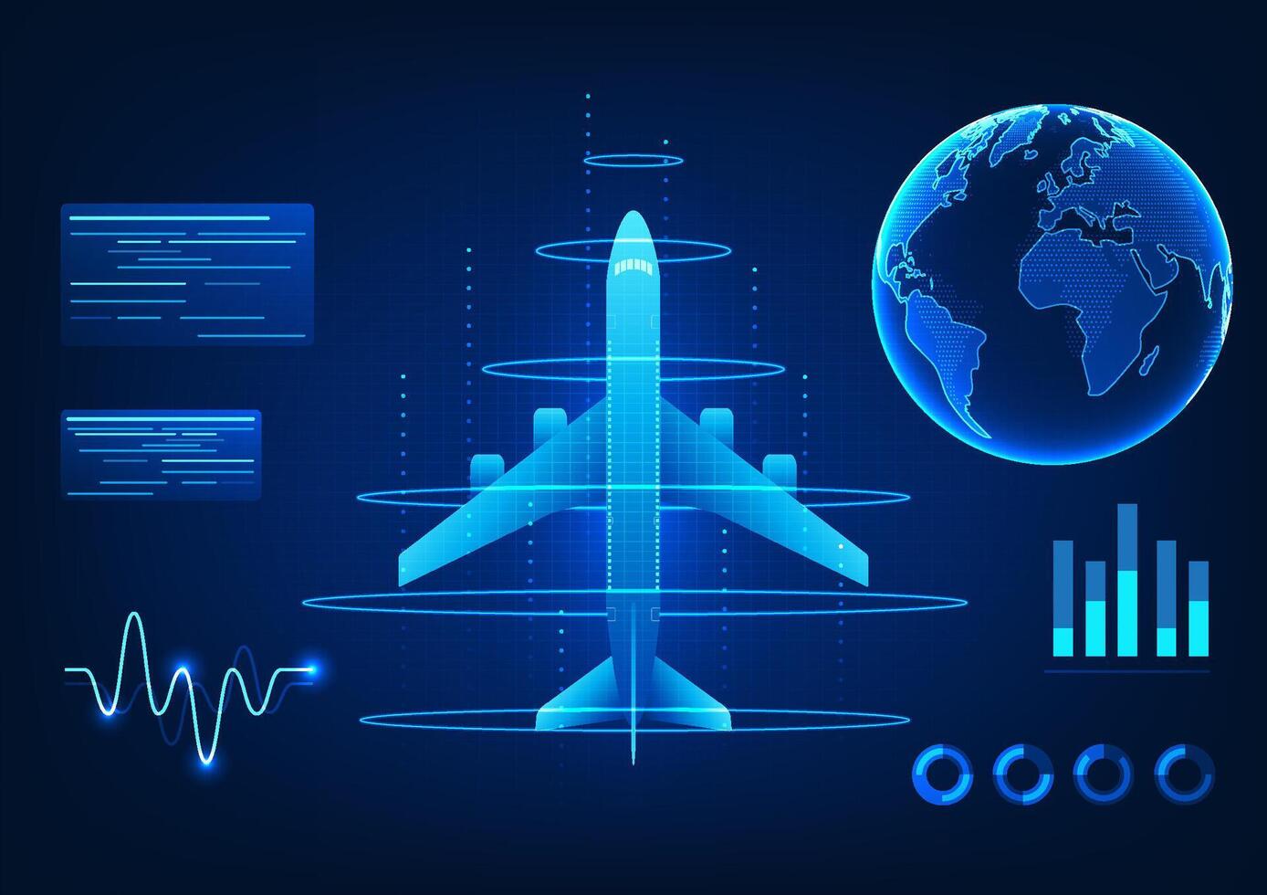 Air Transport Technology The plane, surrounded by a ring of light, represents fast connectivity, logistics and intelligent transportation in the digital age, moving goods and people across the world. vector