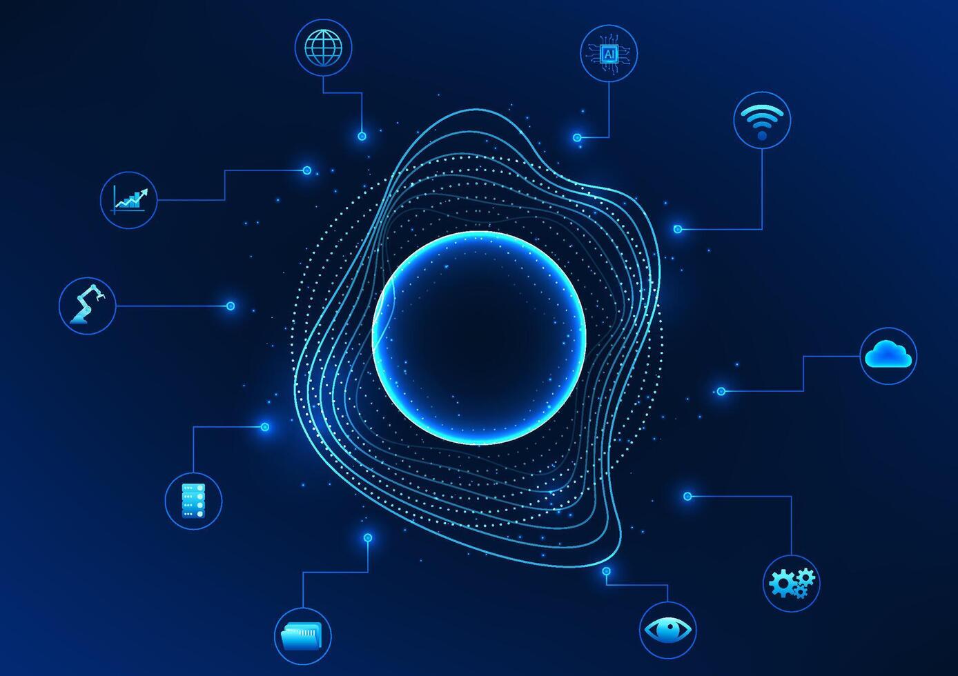 Sound wave in a circle surrounded by an AI icon represents AI technology that can listen and process voice commands to control automatic functions in various systems as a smart device. Business vector