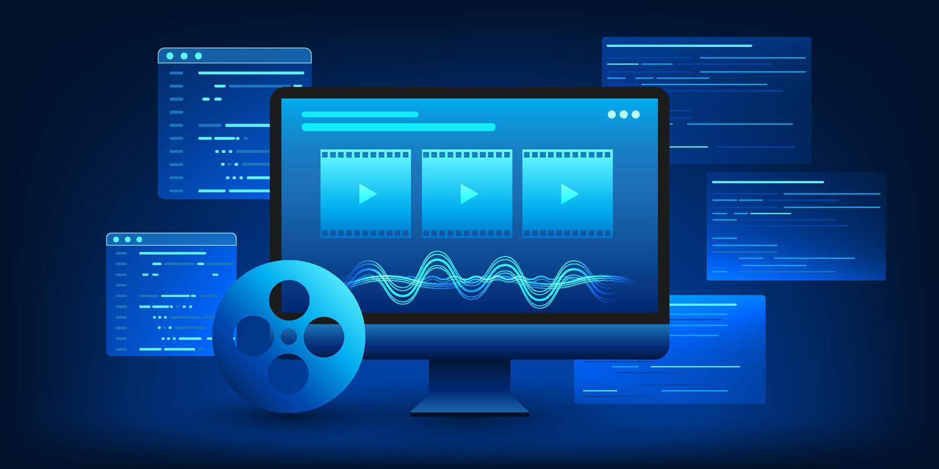 Computer screen showing the workings of AI in generating , with program code behind it, representing the process of automatically creating videos with , processing and creativity. vector