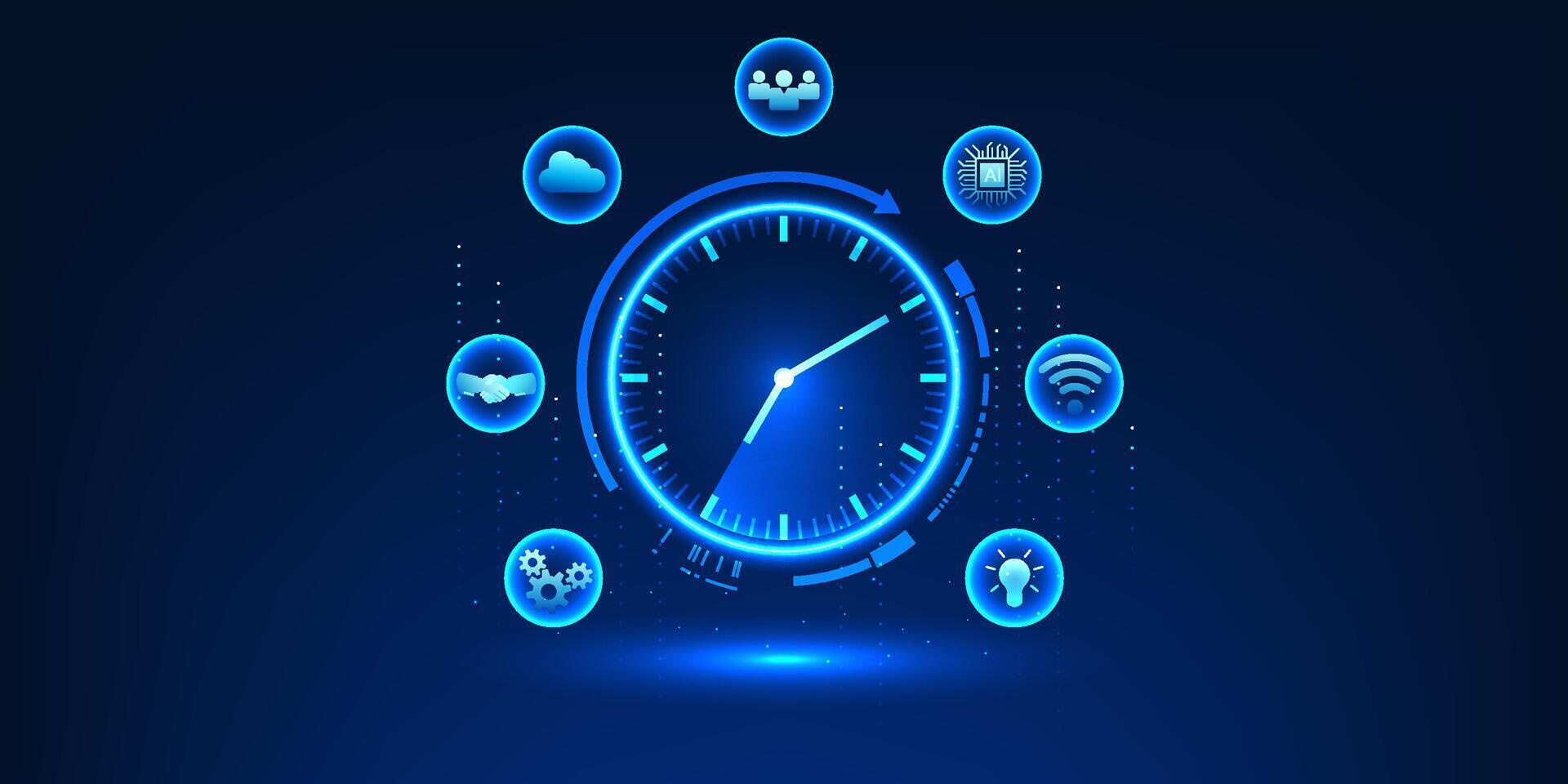 Time technology Clock combined with the technology cycle represents the systematic allocation of time within the organization, technology to increase work efficiency and drive business growth. vector