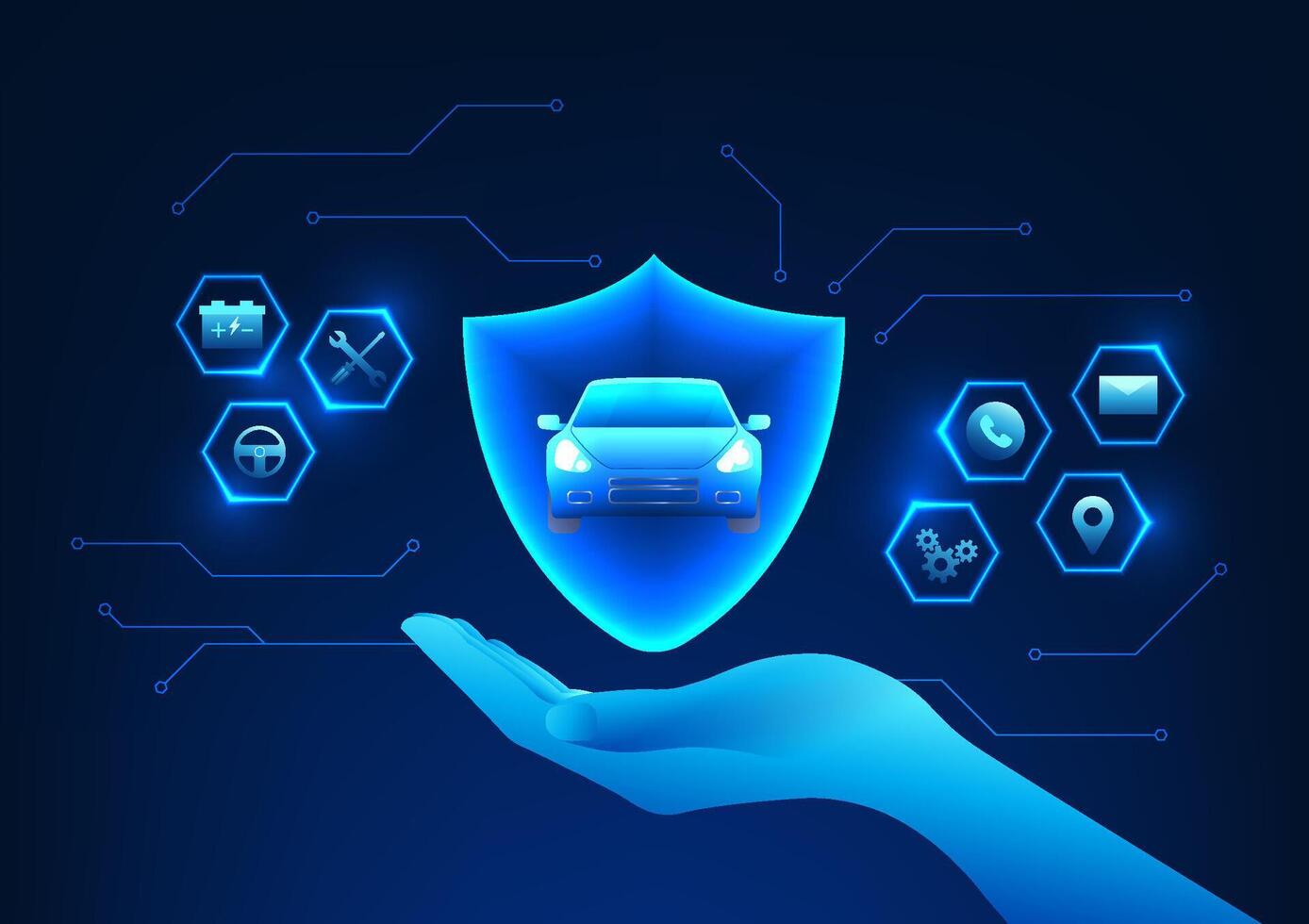 Service Technology Human hand holding a shield with a car, signifying the protection and care of cars from insurance, emergency assistance and intelligent support systems, all-round travel. vector