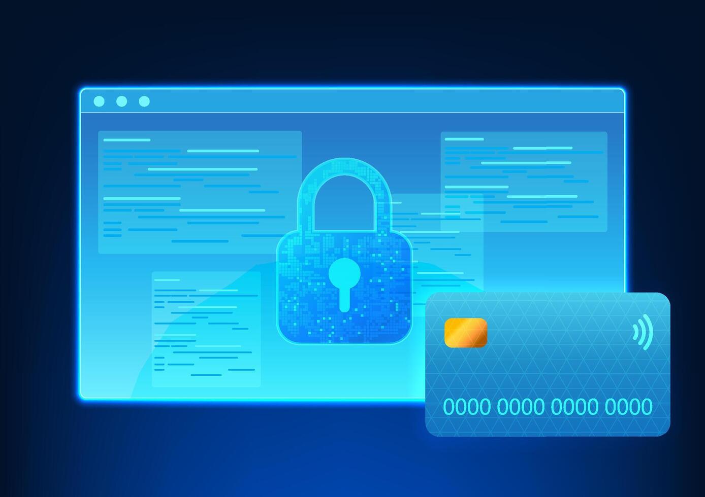 Screen with the data code, the front lock and the credit card, represents the fintech technology that secures transactions, protects user data and encryption in the digital payment system. vector