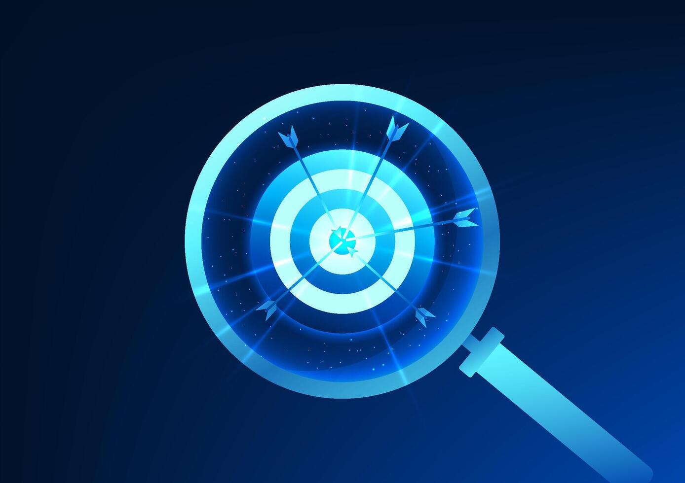 Magnifying glass that points at the target and the arrow that points to the center represents accurate analysis, planning and setting of business goals to achieve growth in the highly competitive era. vector