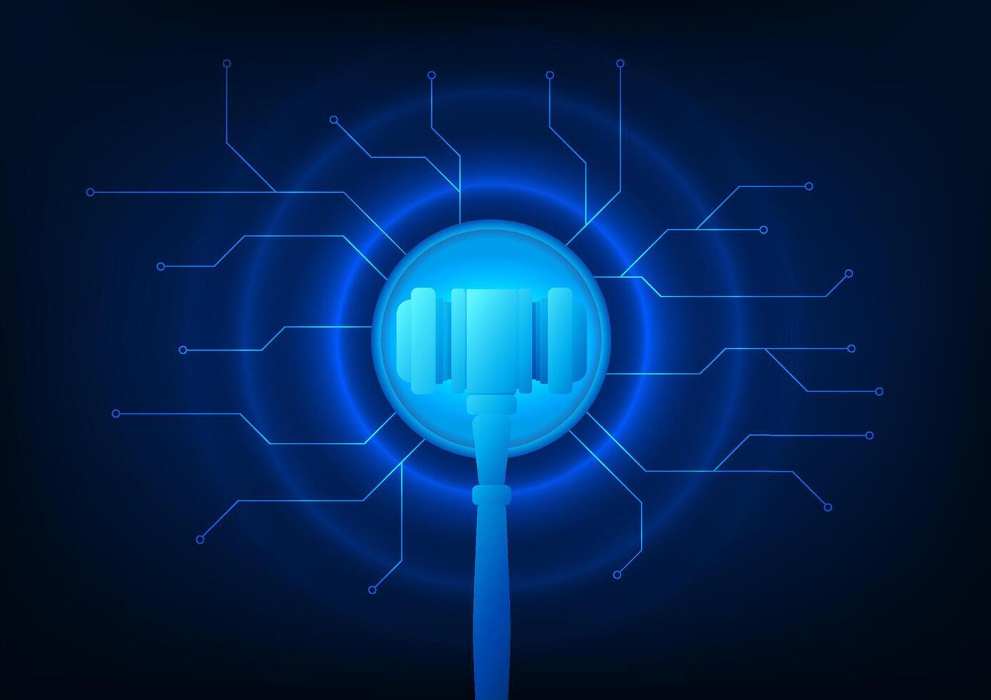 LegalTech, a legal hammer with a technology circuit line, represents the change in law that brings technology to enhance the justice process and the transparency of the legal system. vector