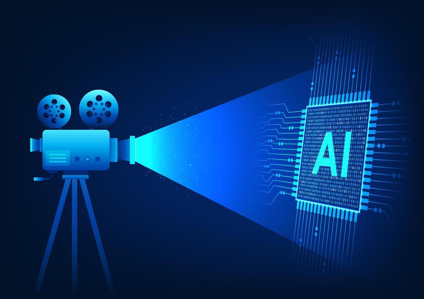 Movie camera recording an AI chip, representing the use of automated creation technology, represents , which can process, create, and produce content intelligently and quickly vector