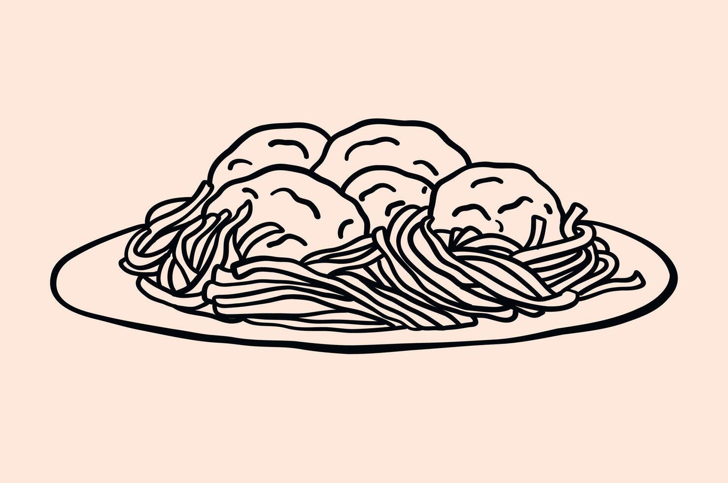 Minimalist line art illustration of a plate of spaghetti and meatballs. Simple, elegant, hand-drawn style. vector