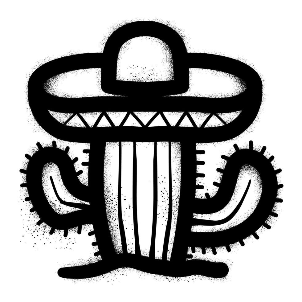 Cactus graffiti with sombrero hat hand drawn with black spray paint vector
