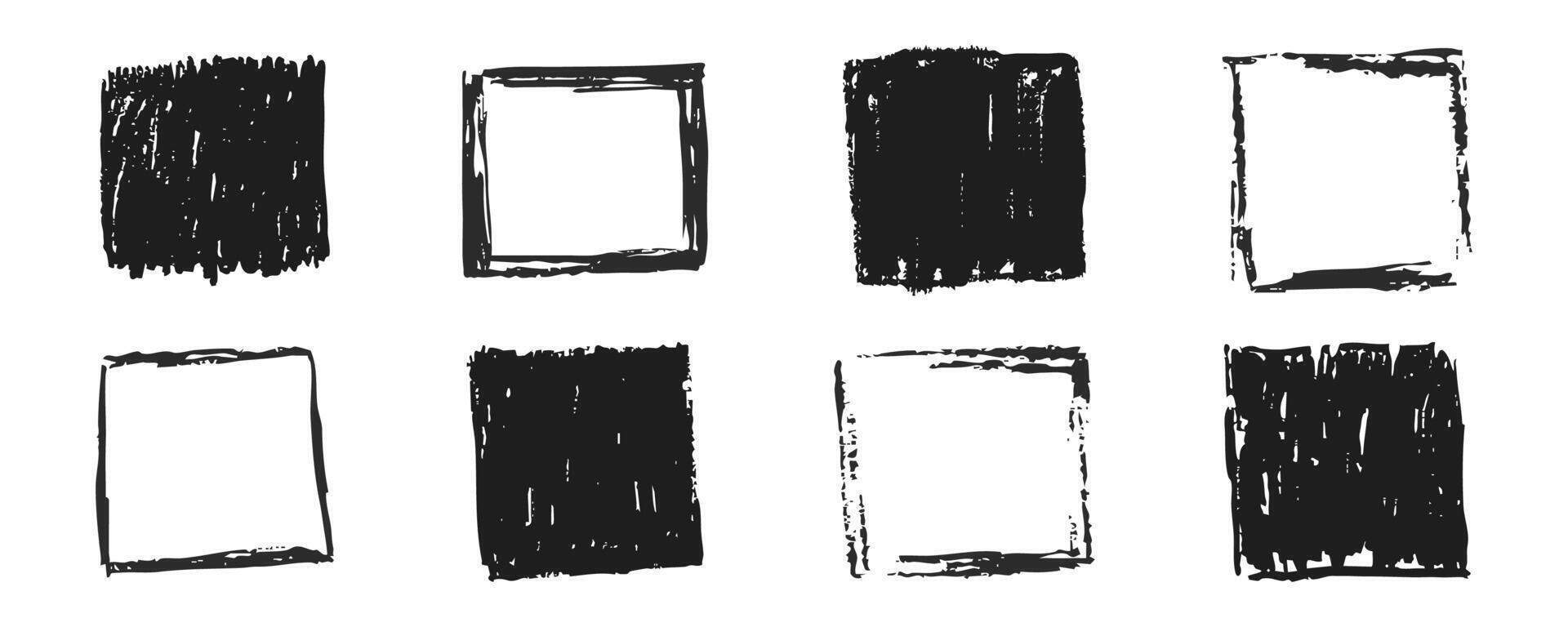 Grunge rectangle frames with textured edges, paint brush ink graffiti splatter and stencils border. Retro scribble abstract shape. vector